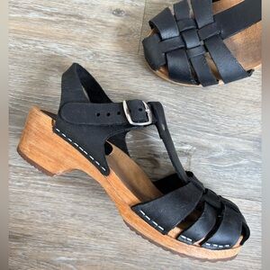 Swedish Hasbeens Black Leather Woven Clogs